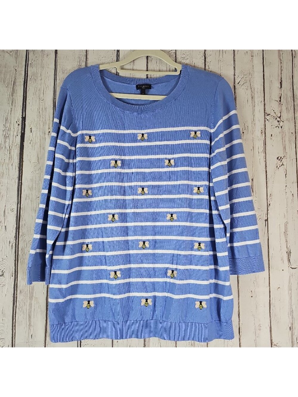 Talbots Blue Woman Novelty Sweater Sz X Whimsical Bumble Bees Timeless Stripes